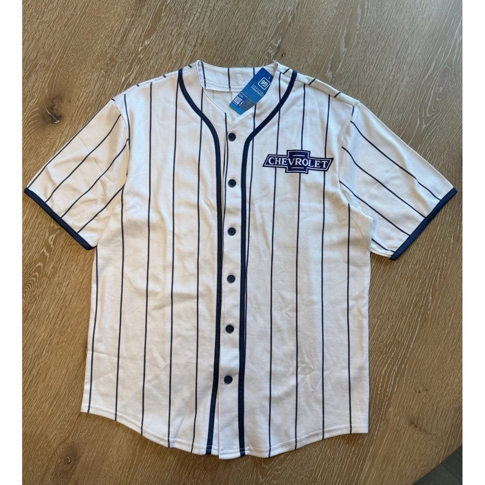 Official GM Chevrolet Racing Baseball Jersey White Blue Pinstripes NEW NWT